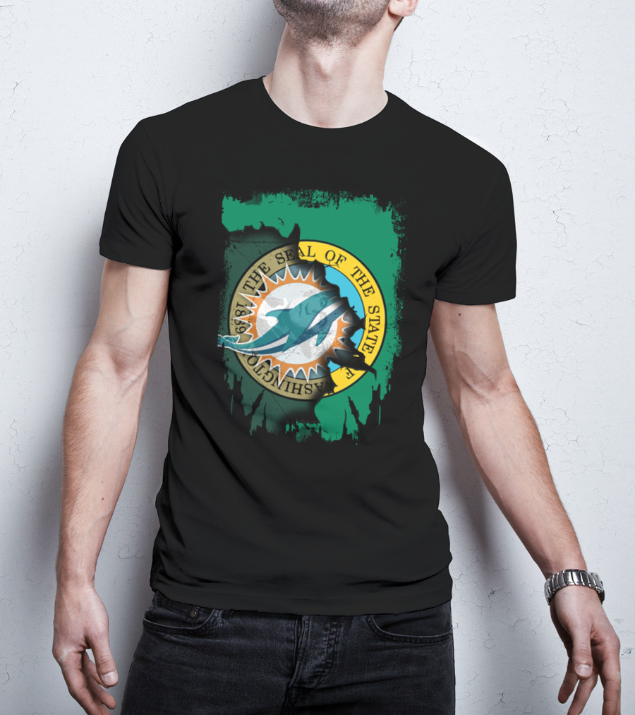 The Seal Of The State Of Washington Dolphins Logo Fusion T-Shirt