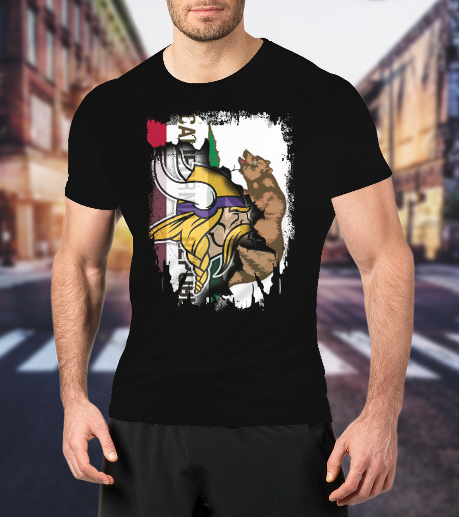 California Republic Viking Helmet Bear California Flag T-Shirt