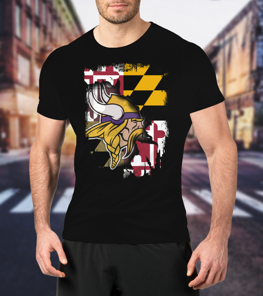 Vikings Helmet Art With Maryland Flag Background T-Shirt