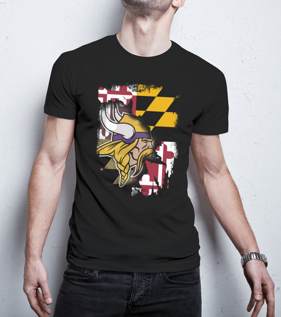 Vikings Helmet Art With Maryland Flag Background T-Shirt