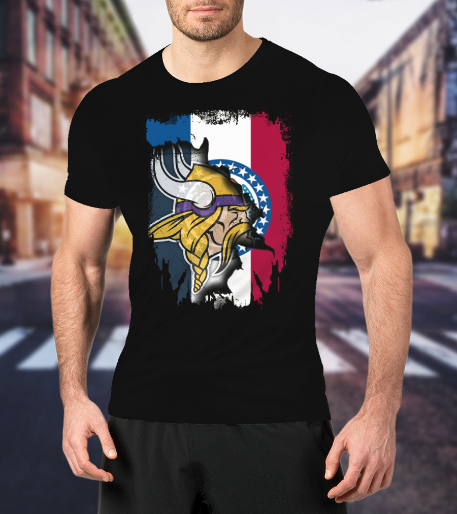 Missouri State Flag With Vikings Helmet T-Shirt