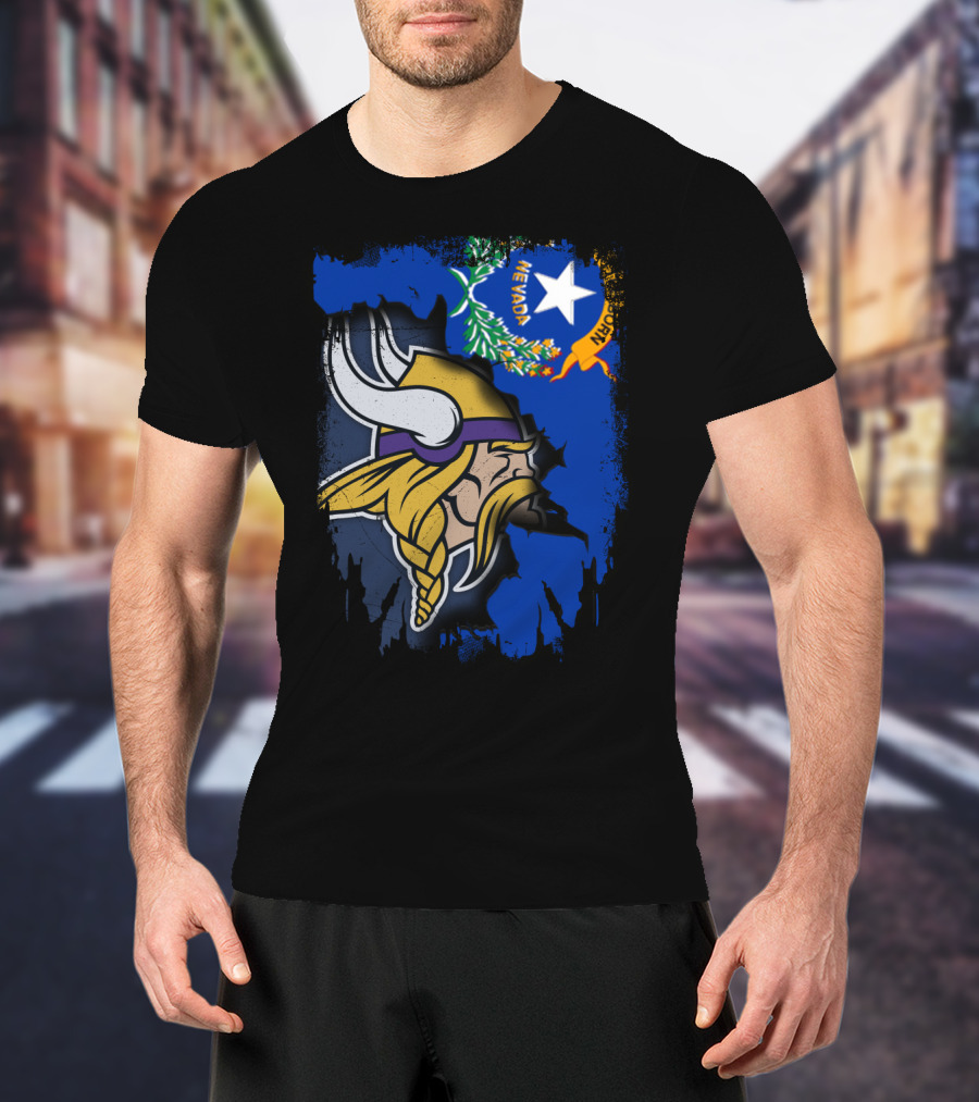 Nevada State Flag Meets Vikings Helmet Emblem T-Shirt