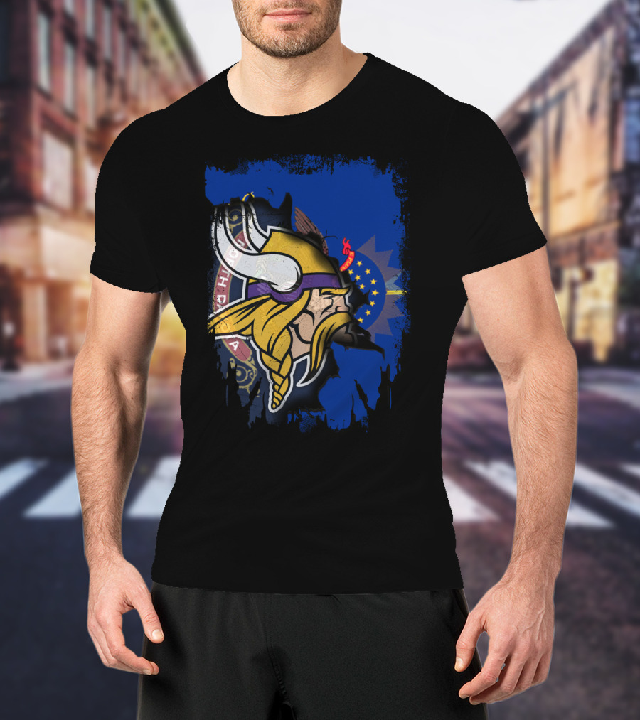 Vikings North Dakota Flag Fusion T-Shirt