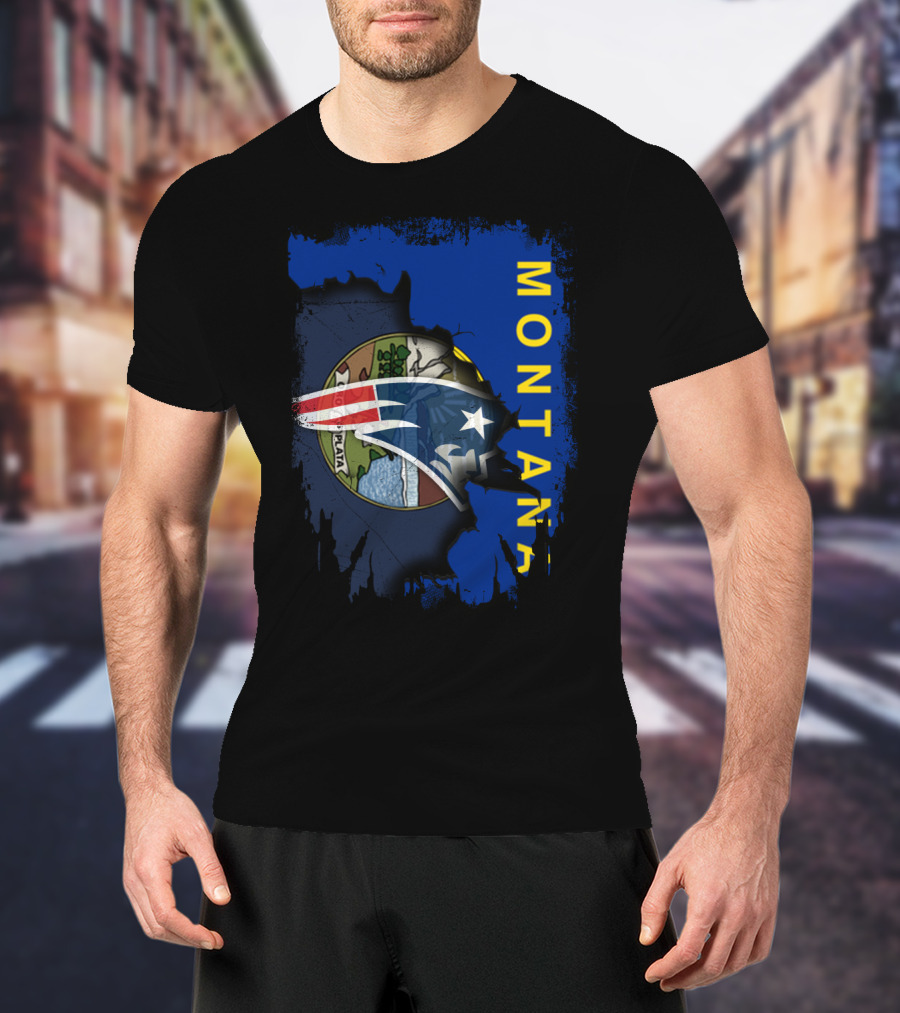 Montana State Flag With New England Patriots Logo Overlay T-Shirt