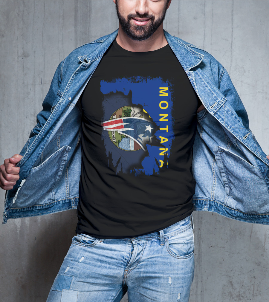 Montana State Flag With New England Patriots Logo Overlay T-Shirt
