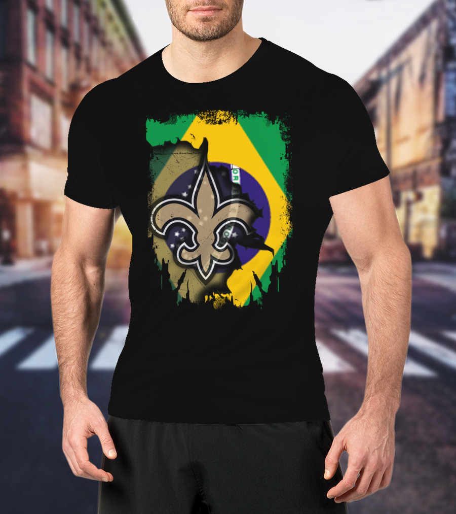 Brazilian Flag With New Orleans Saints Fleur-de-Lis Emblem T-Shirt
