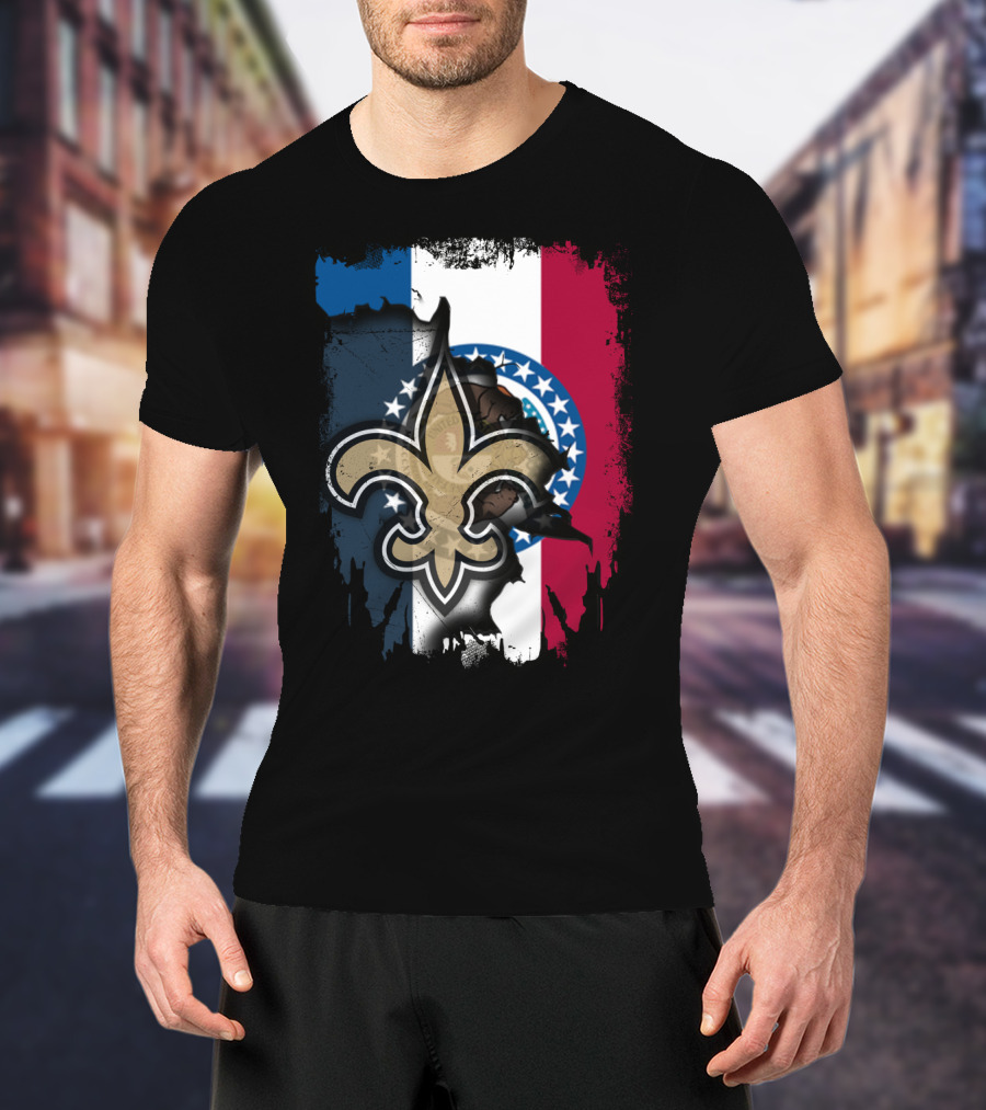 Missouri Flag With New Orleans Saints Fleur-de-Lis T-Shirt