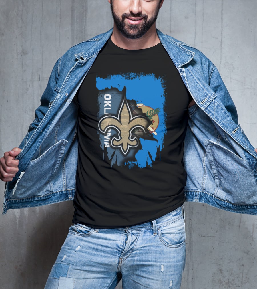 Oklahoma State Flag With New Orleans Saints Fleur-de-Lis T-Shirt