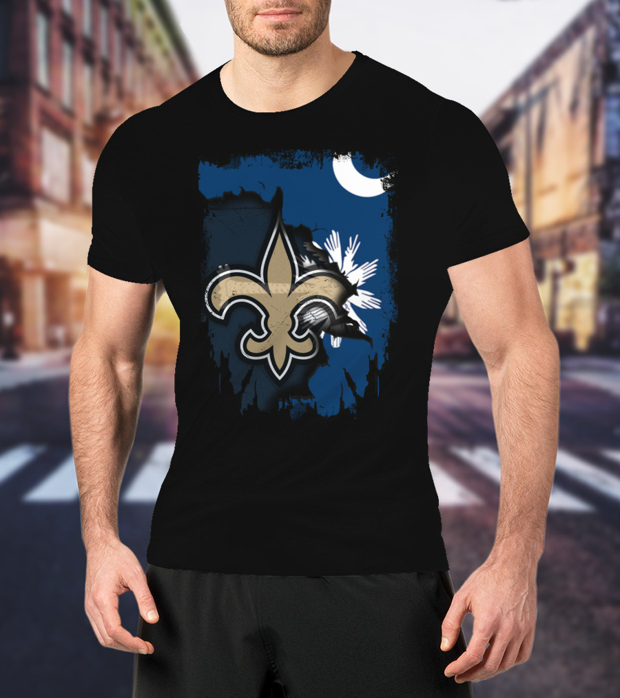 Together South Carolina With New Orleans Saints Fleur-De-Lis Moon Palmetto Tree T-Shirt