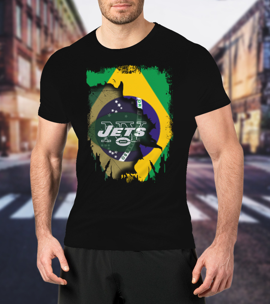 Brazilian Flag Meets New York Jets Logo Fusion T-Shirt