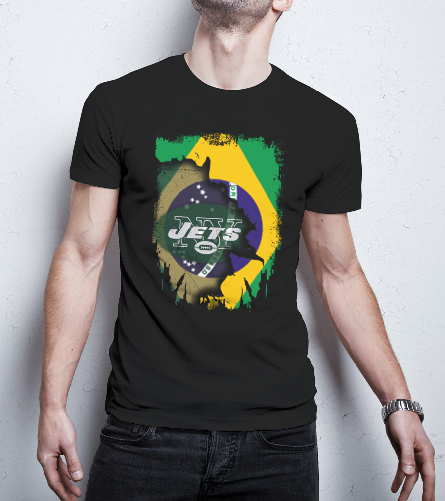 Brazilian Flag Meets New York Jets Logo Fusion T-Shirt