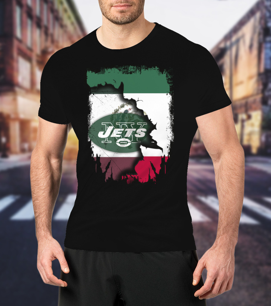 Mexico Flag Background With NY Jets Logo And Aztec Eagle T-Shirt