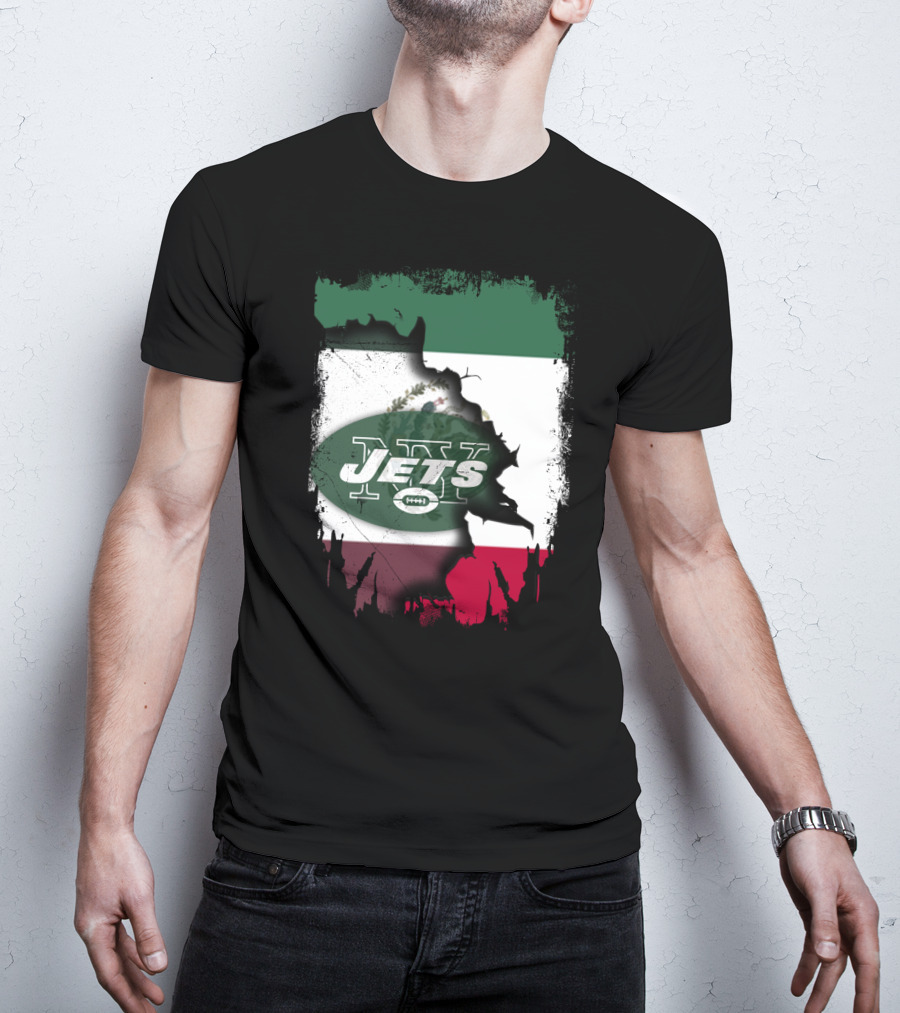 Mexico Flag Background With NY Jets Logo And Aztec Eagle T-Shirt