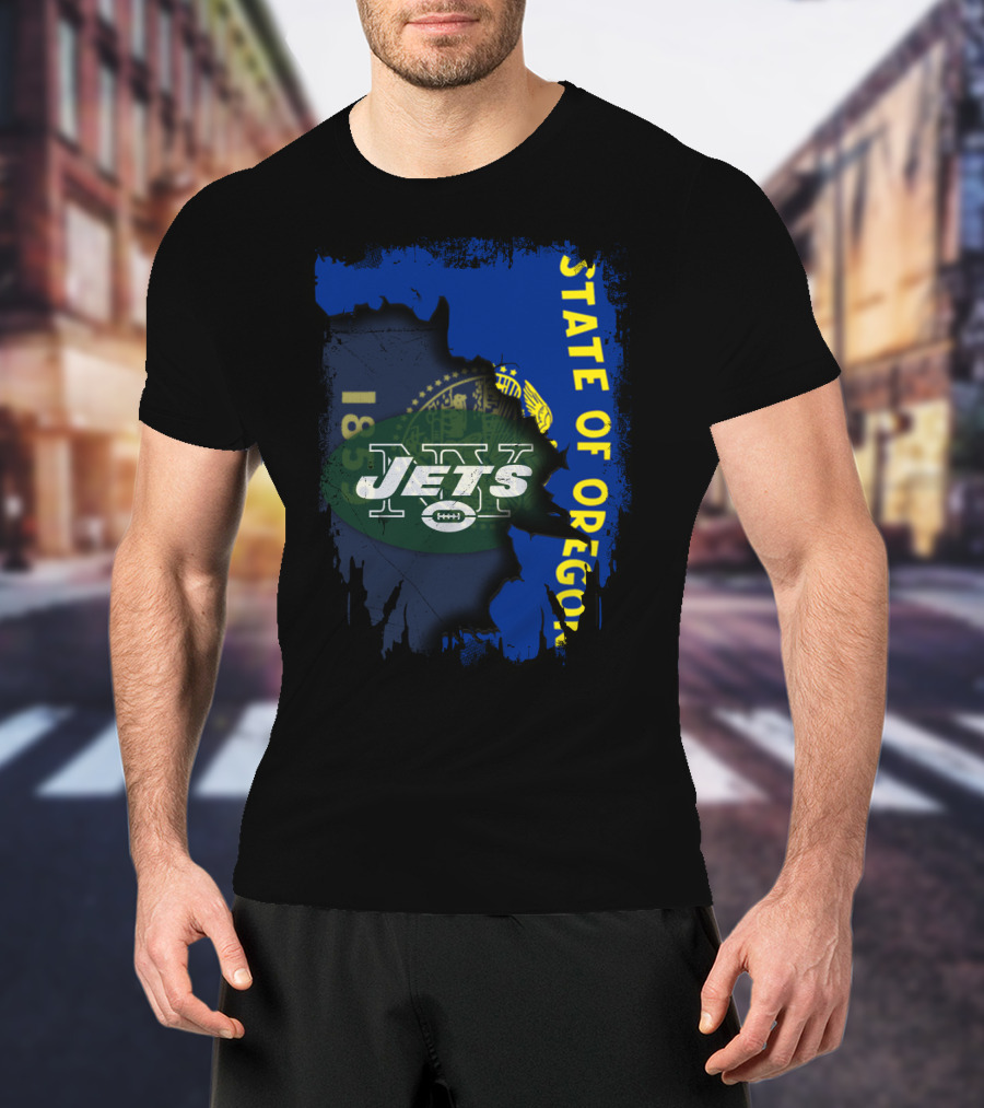 State Of Oregon With Jets Logo Overlay T-Shirt