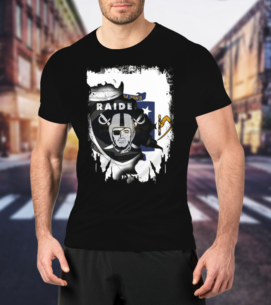 Massachusetts State Flag And Raiders Logo Fusion T-Shirt