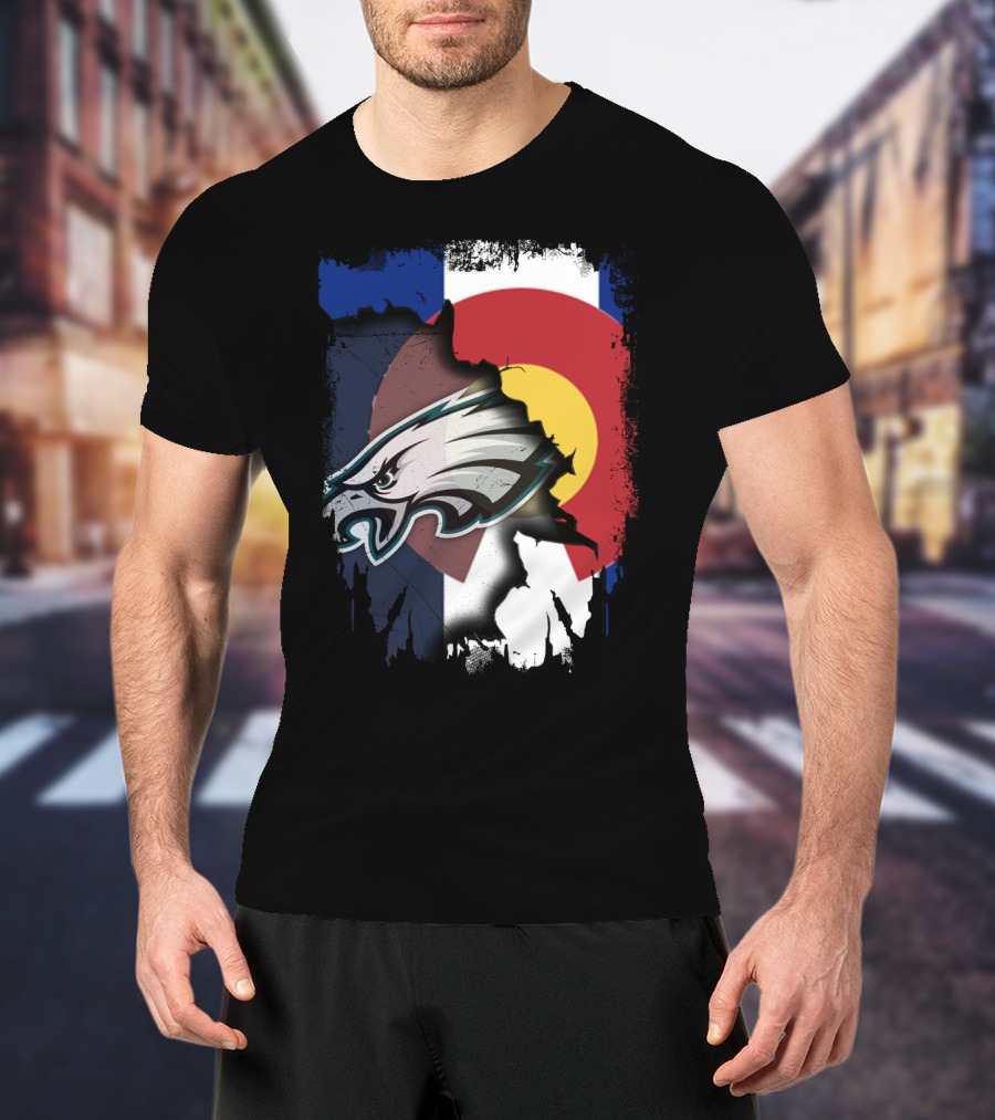 Colorado Flag With Philadelphia Eagles Head Emblem T-Shirt