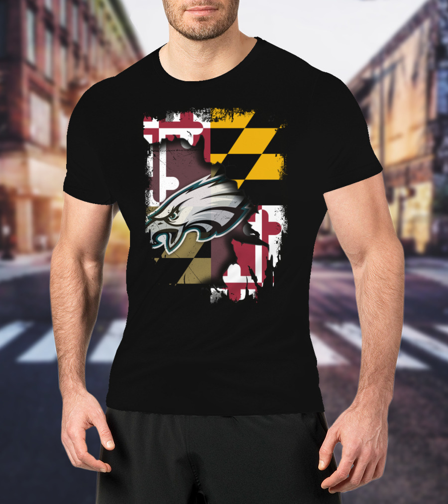 Maryland Pride Together With Eagles Logo Over State Flag T-Shirt