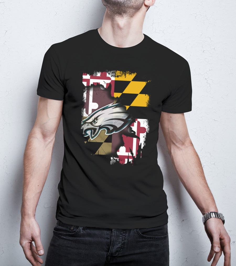 Maryland Pride Together With Eagles Logo Over State Flag T-Shirt