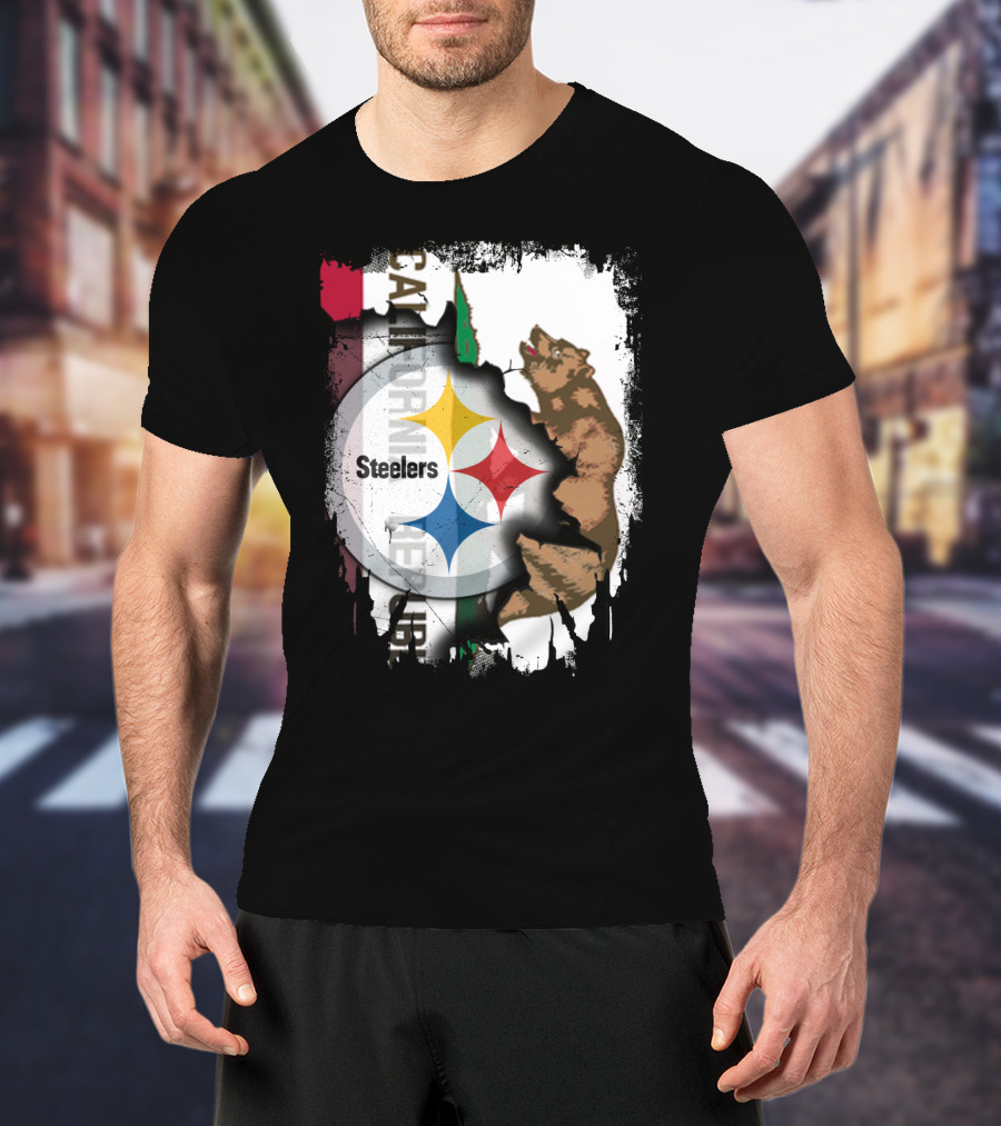 California Bear With Steelers Logo Fusion T-Shirt