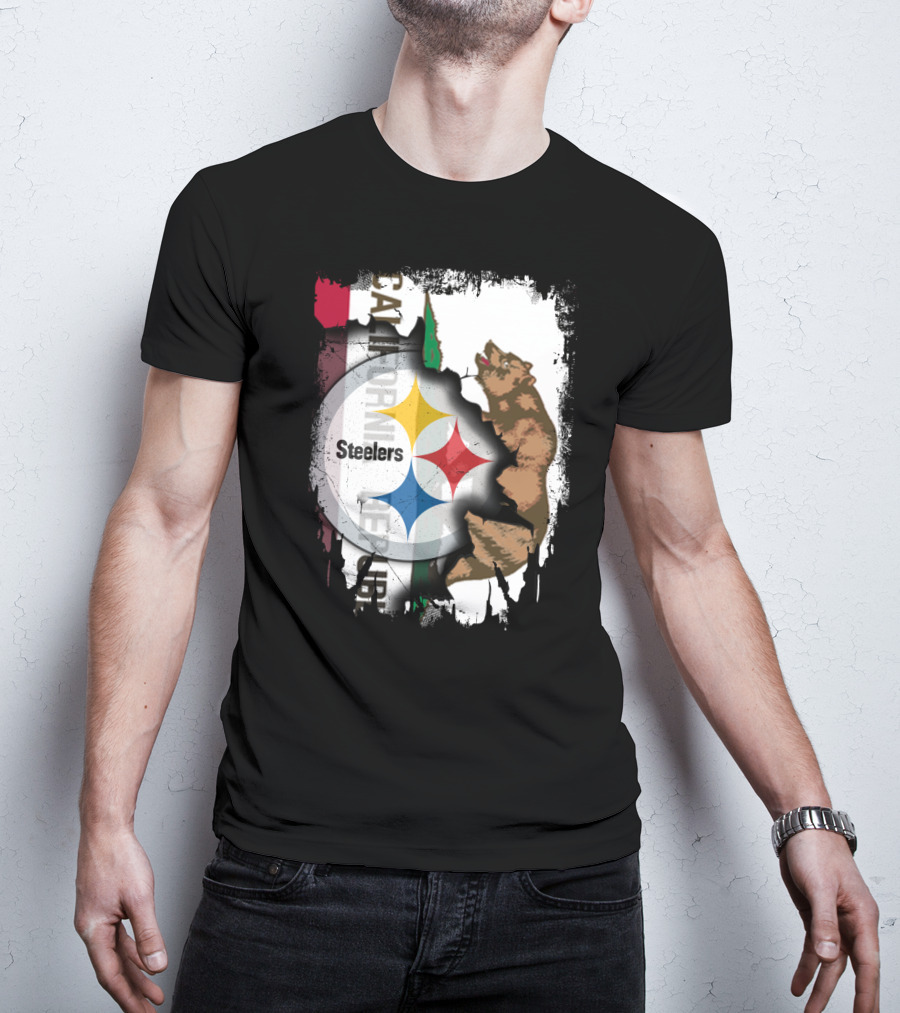California Bear With Steelers Logo Fusion T-Shirt