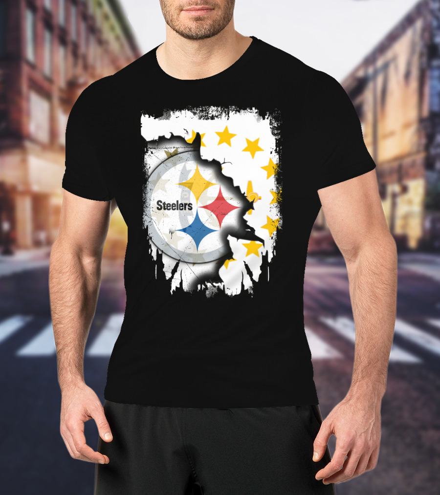 Steelers Logo With Rhode Island Stars And Torn Effect T-Shirt