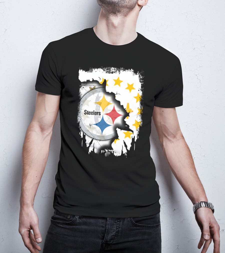Steelers Logo With Rhode Island Stars And Torn Effect T-Shirt