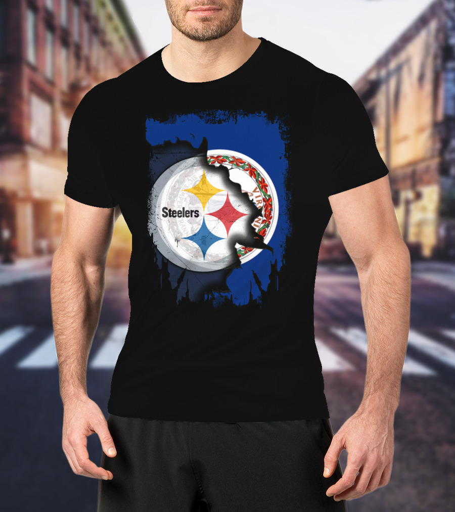 Virginia State Flag With Pittsburgh Steelers Logo Fusion T-Shirt