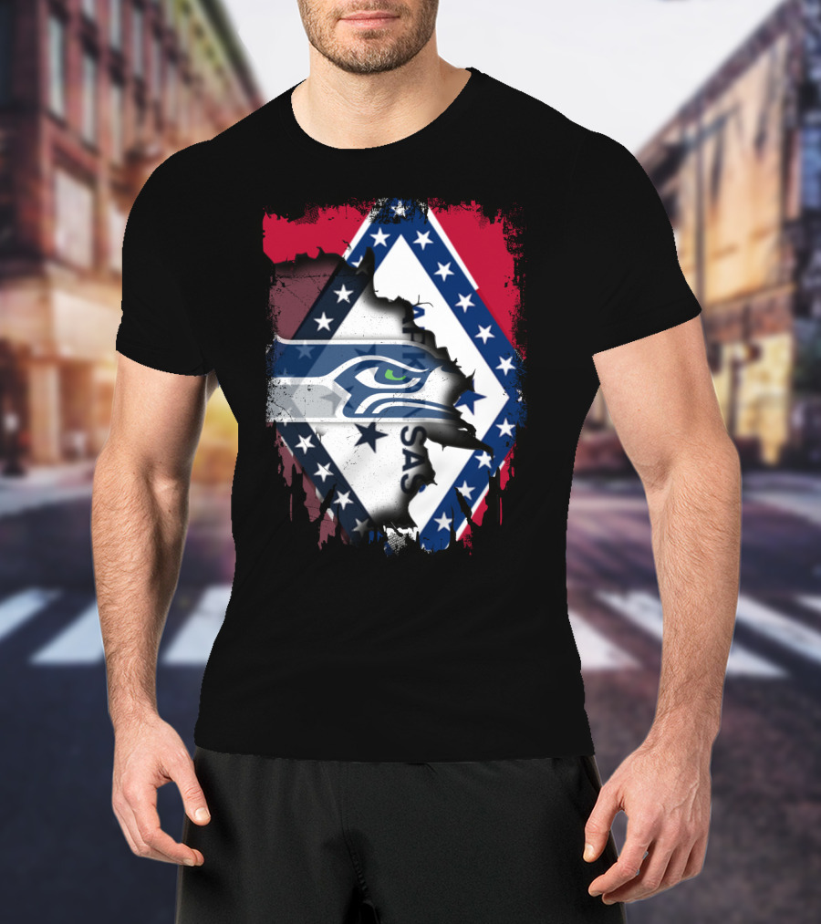 Arkansas Flag Distressed Overlay With Seahawks T-Shirt