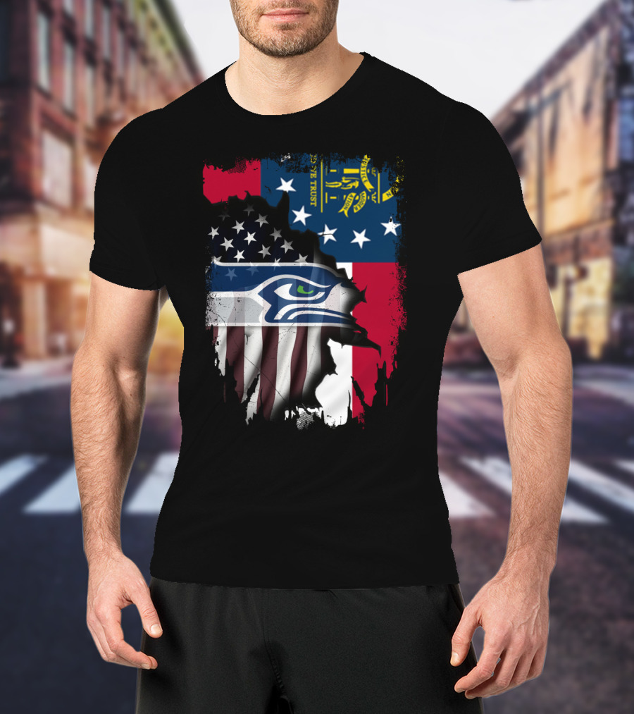 Georgia State Flag With Seahawks Logo And American Flag Elements T-Shirt