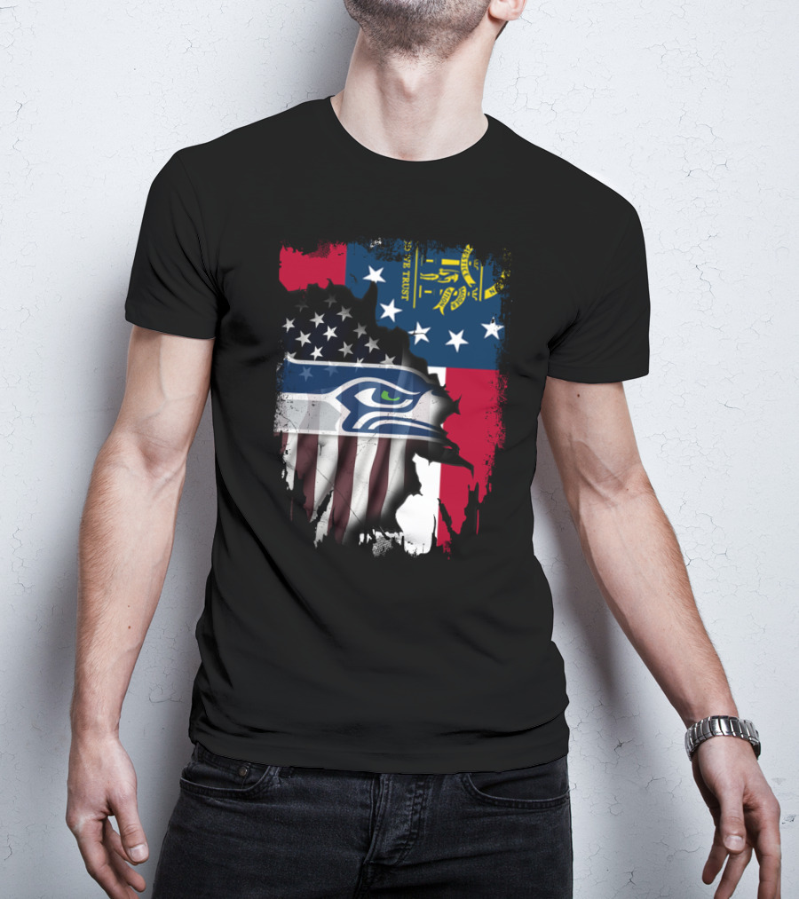 Georgia State Flag With Seahawks Logo And American Flag Elements T-Shirt