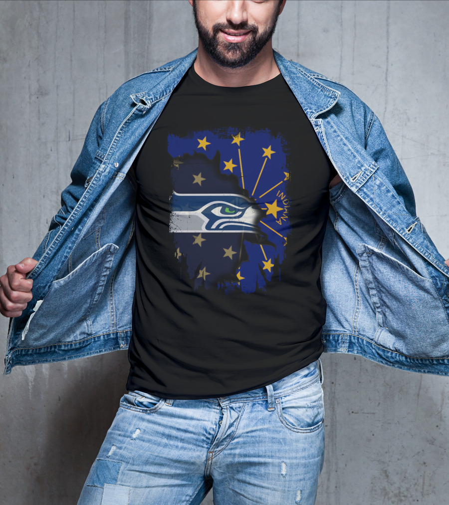 Seahawks Logo Blended With Indiana Flag Stars T-Shirt