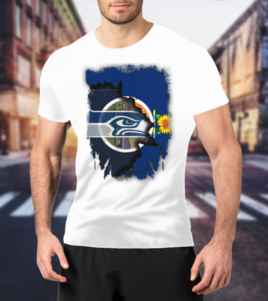 Kansas With Seahawks Heart And Sunflower Emblem T-Shirt