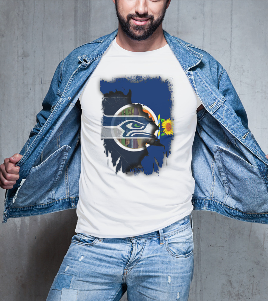 Kansas With Seahawks Heart And Sunflower Emblem T-Shirt