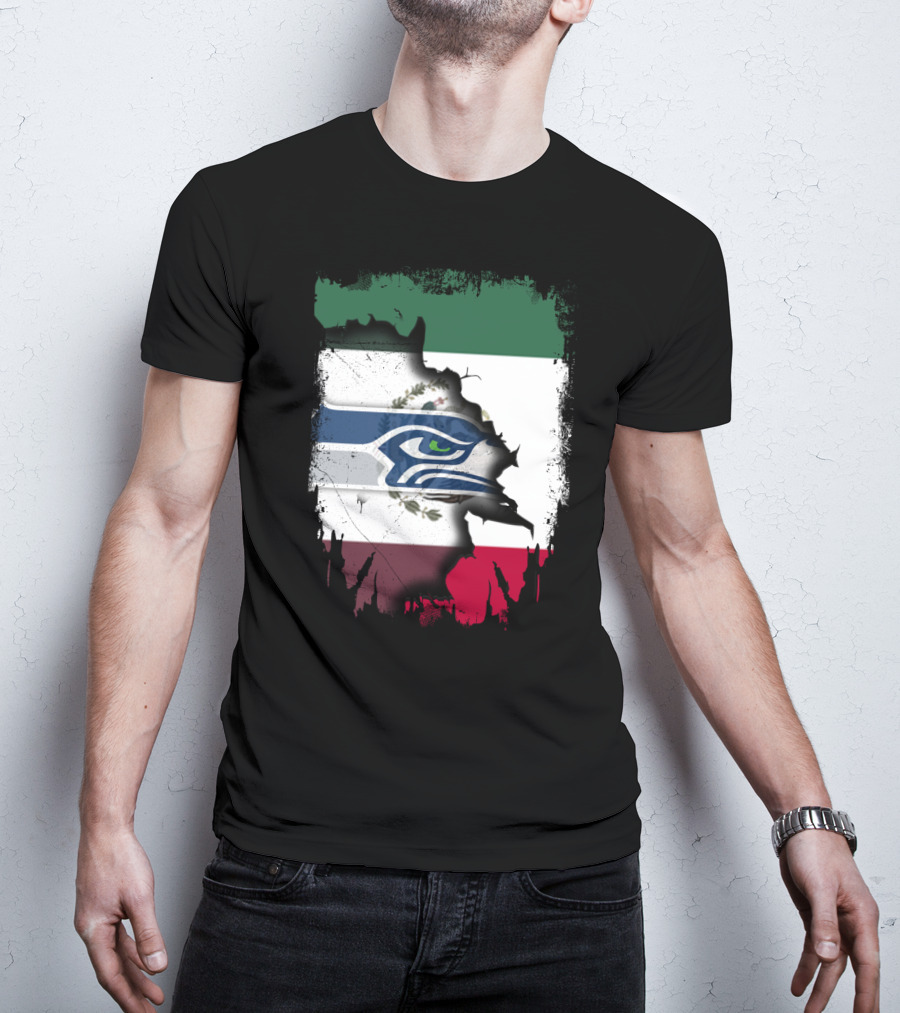 Mexico And Seahawks United With Flag And Logo Overlay T-Shirt