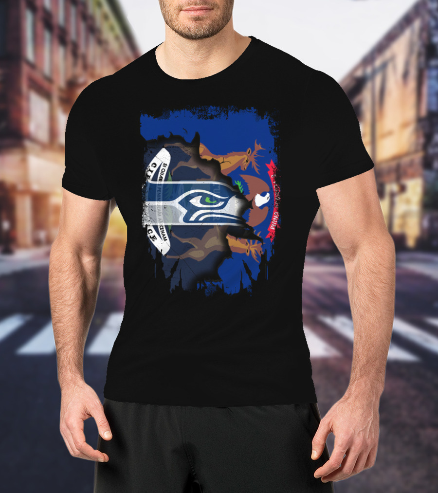 Seahawks Logo With Ripped Michigan Flag Background T-Shirt
