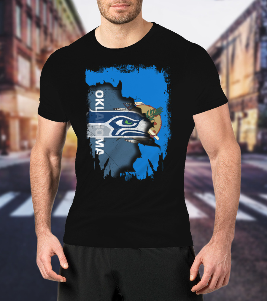 Oklahoma Flag With Seattle Seahawks Logo Fusion T-Shirt