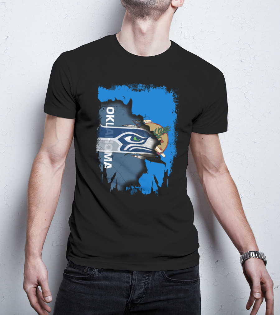 Oklahoma Flag With Seattle Seahawks Logo Fusion T-Shirt