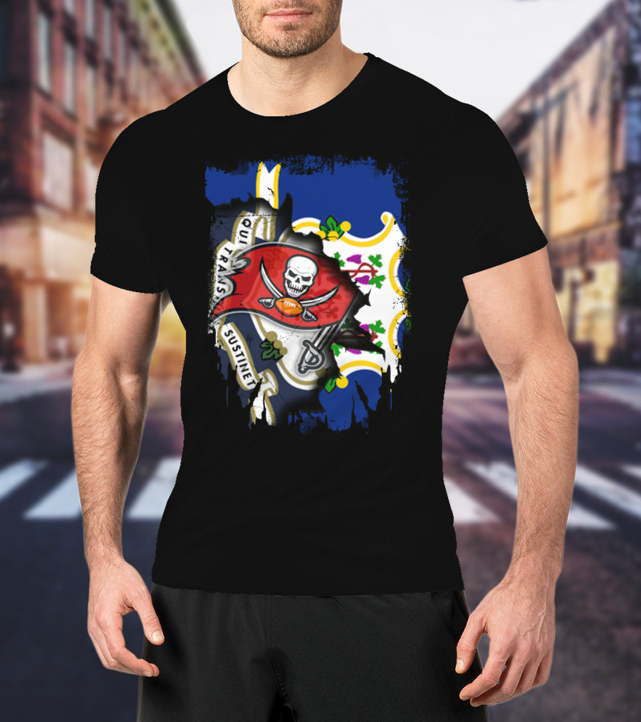 Connecticut Flag With Buccaneers Pirate Logo And State T-Shirt