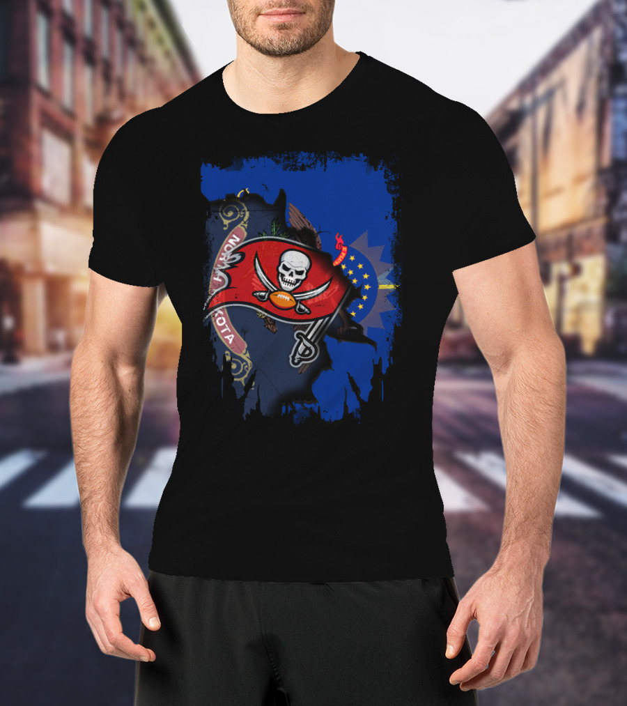 North Dakota Flag With Buccaneers Skull Logo And Football T-Shirt
