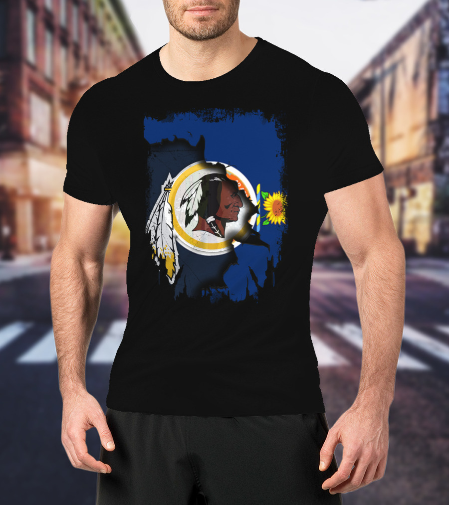 Kansas Map With Redskins Logo And Sunflower Symbol T-Shirt