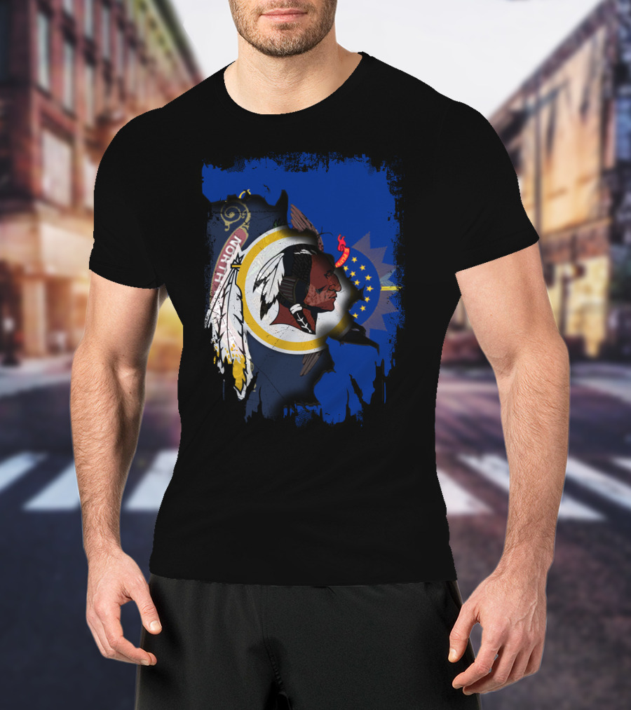North Dakota Pride With Redskins Symbol On Blue T-Shirt