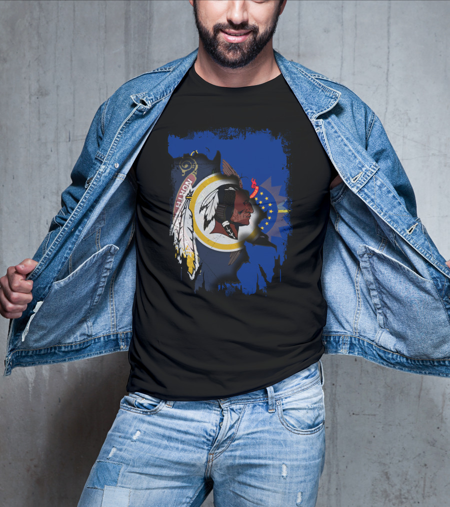 North Dakota Pride With Redskins Symbol On Blue T-Shirt