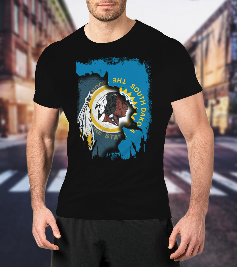 South Dakota State Flag Blended With Redskins T-Shirt
