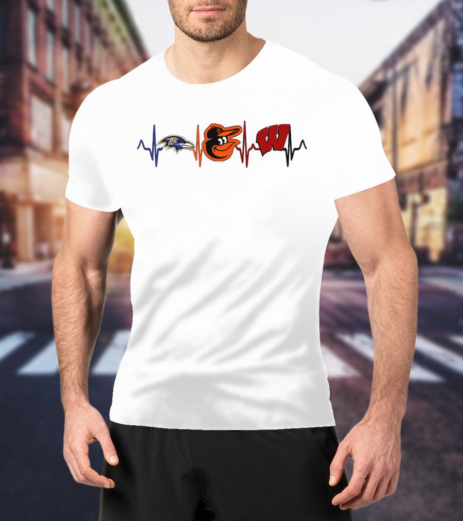 Baltimore Ravens Baltimore Orioles Wisconsin Badgers Heartbeat T-Shirt