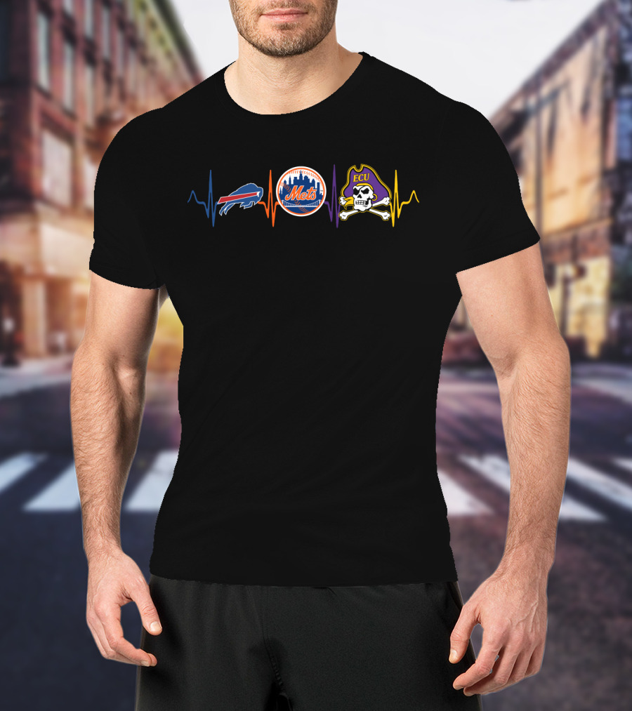 Buffalo Bills New York Mets Ecu Pirates Heartbeat Ekg T-Shirt
