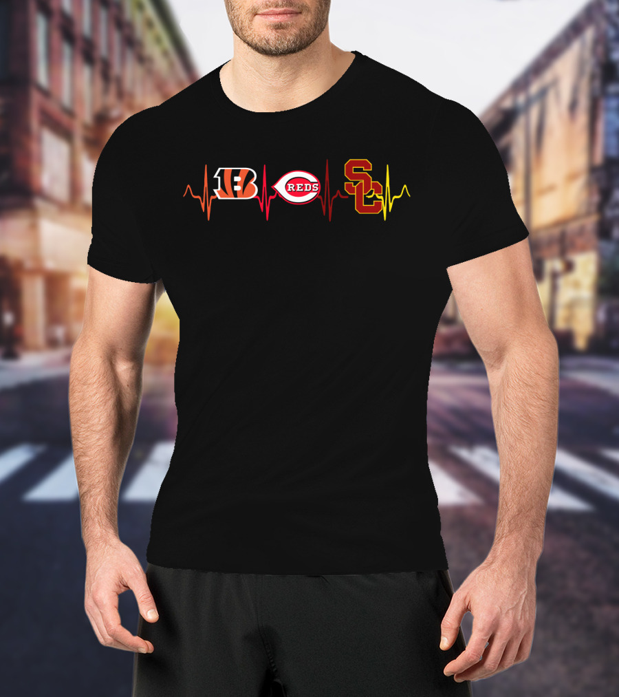 Bengals Reds Usc Heartbeat Iconic Sports Team Tribute T-Shirt