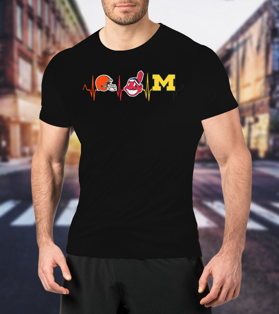 Cleveland Browns Indians Logo Michigan Wolverines Heartbeat T-Shirt