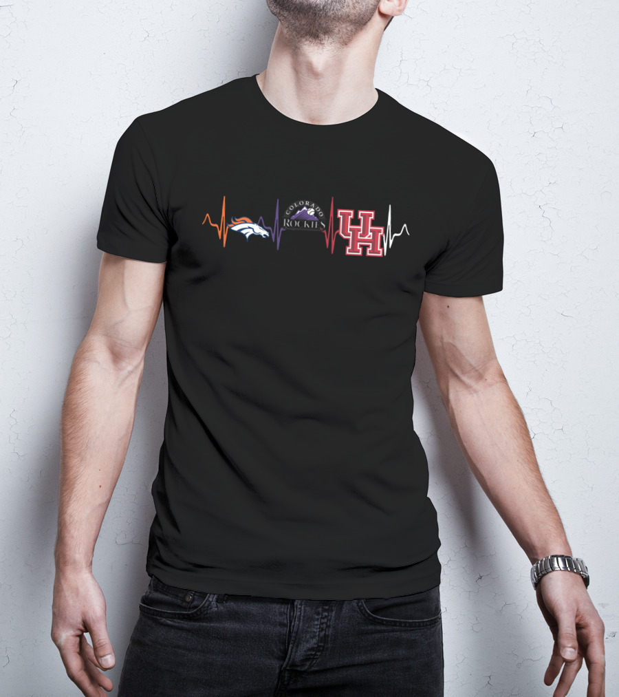 Love Broncos Colorado Rockies Houston Cougars Heartbeat Line T-Shirt