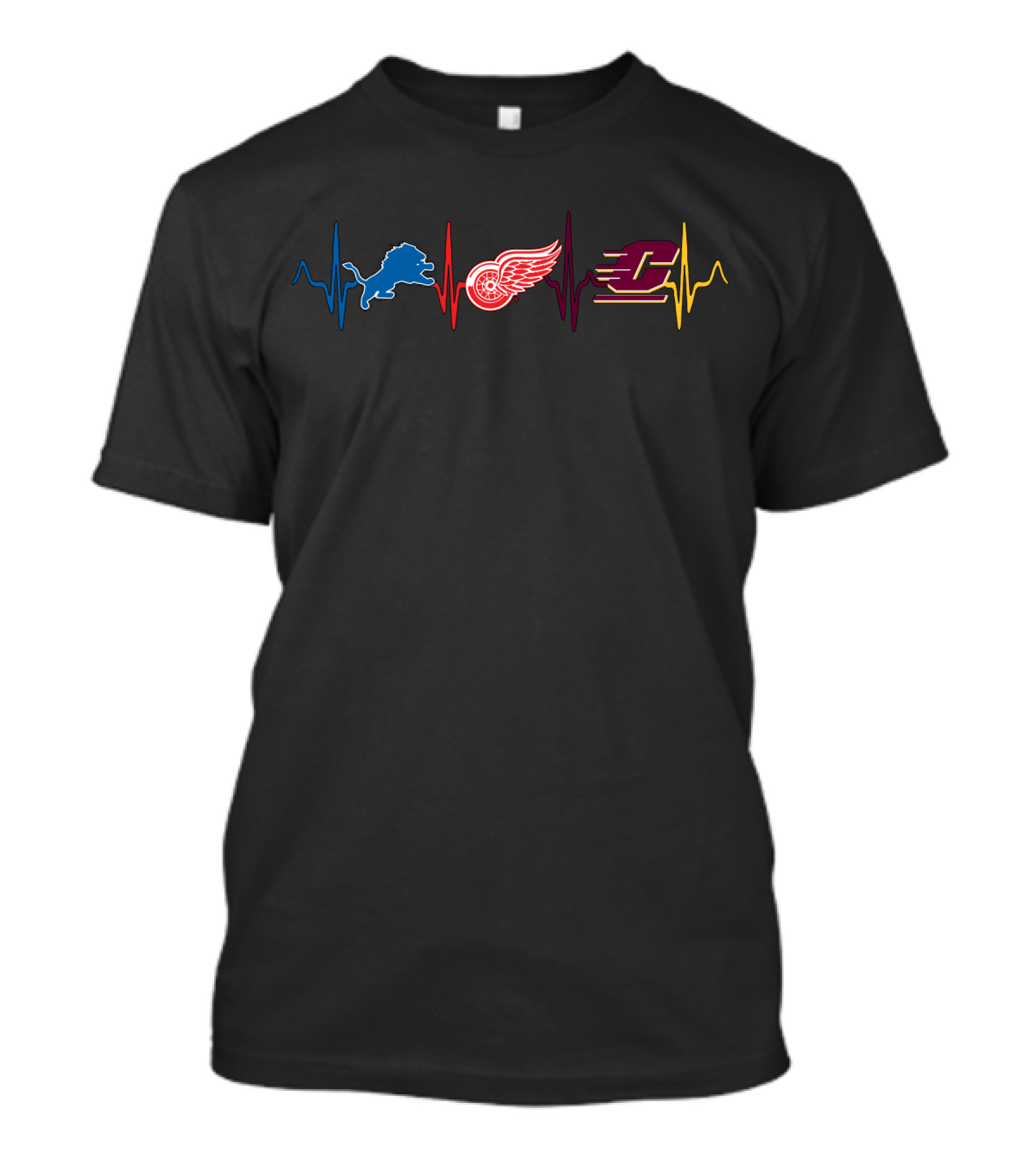 Detroit Lions And Red Wings With Central Michigan Heartbeat T-Shirt