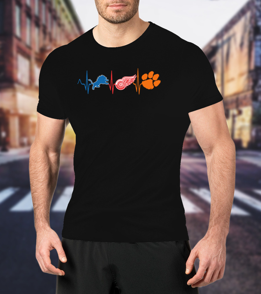 Detroit Lions Detroit Red Wings Clemson Tigers Heartbeat T-Shirt